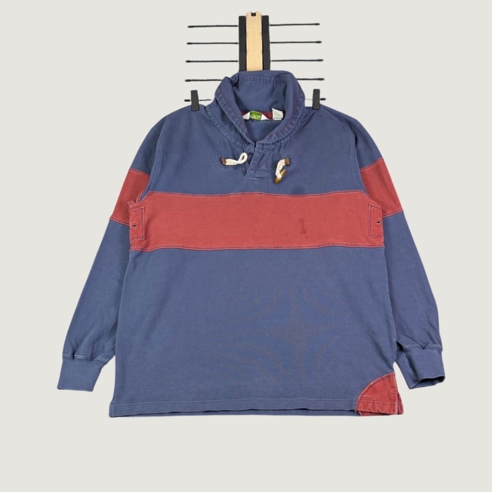 Orvis Mens Long Sleeve Rugby Shirt Blue Red Toggle Neck Cotton Pullover Size M